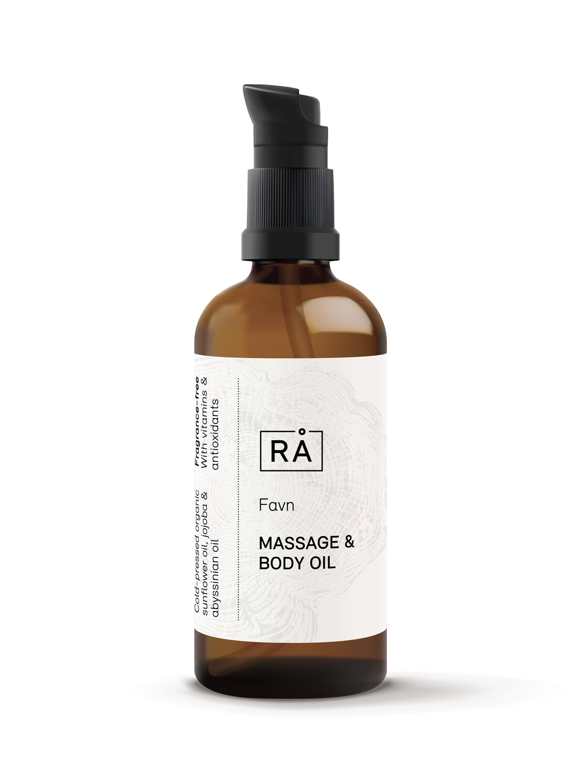 Flaske med eksklusiv olje fra RÅ Skincare med jojoba og antioksidanter for økt spenst og glød.