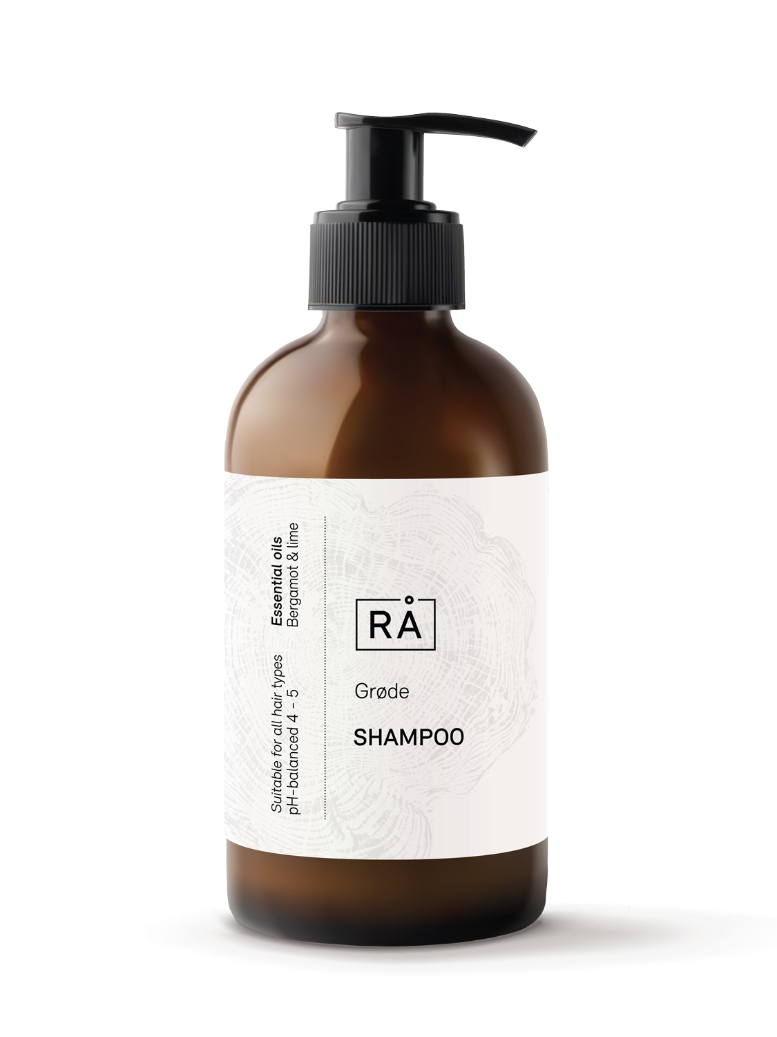 Flaske med naturlig sjampo fra RÅ Skincare med lime og bergamott for økt volum og fukt.