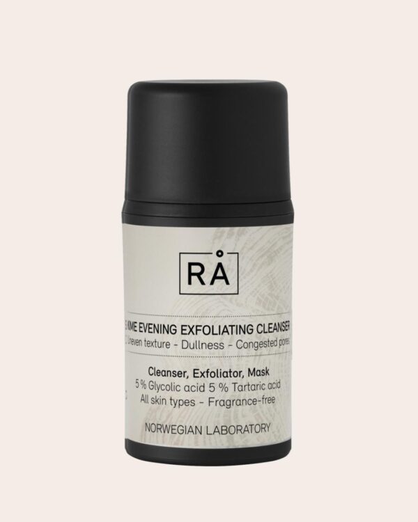 Produktbilde av sort flaske med beige etikett av rens, peeling, maske med AHA