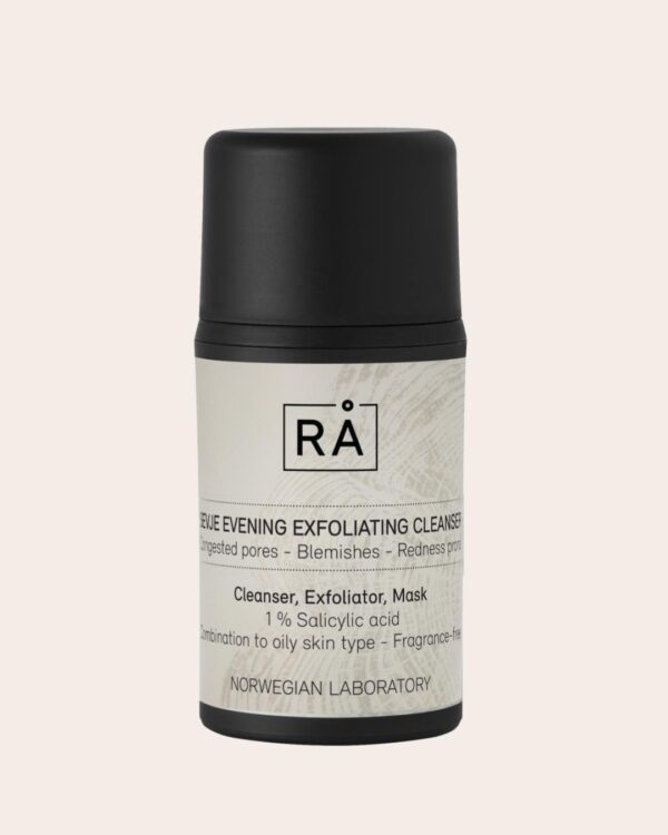 Produktbilde av sort flaske med beige etikett av rens, peeling, maske med BHA