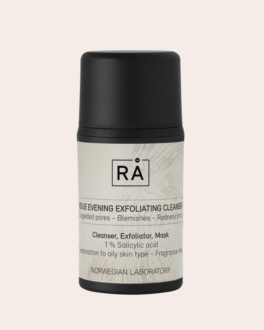 Produktbilde av sort flaske med beige etikett av rens, peeling, maske med BHA