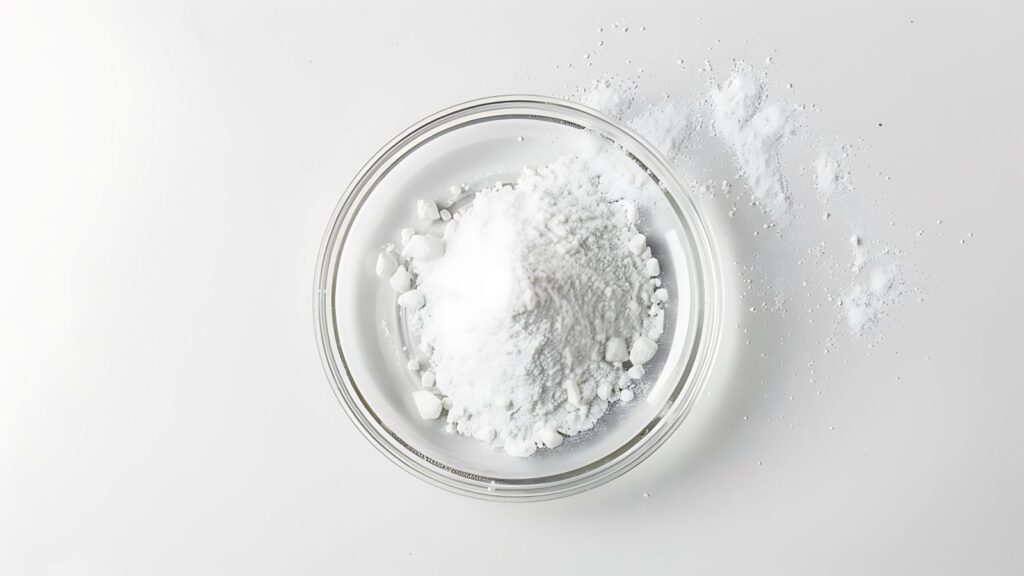 Nærbilde av niacinamide pulver i petri glass på laboratorie